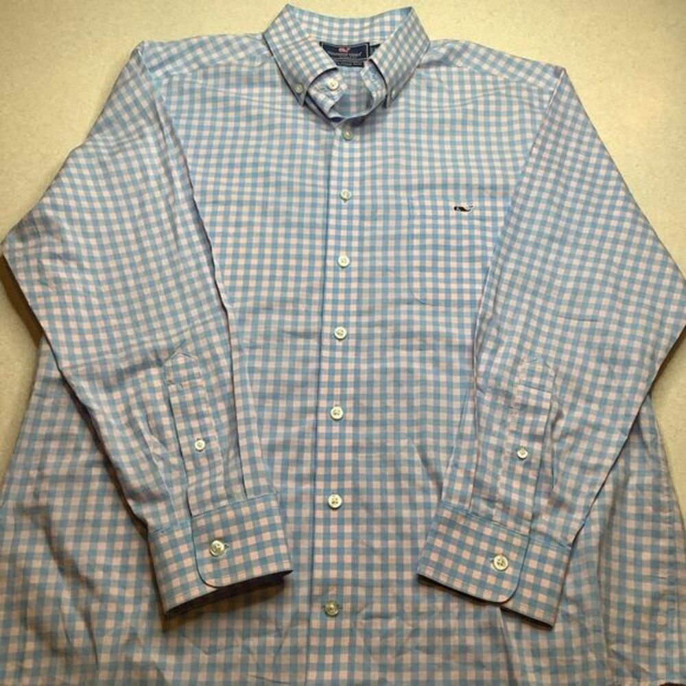 Vineyard Vines XL Slim Fit‎ Tucker Shirt Blue Pink Check Plaid Whale Logo - Picture 4 of 6